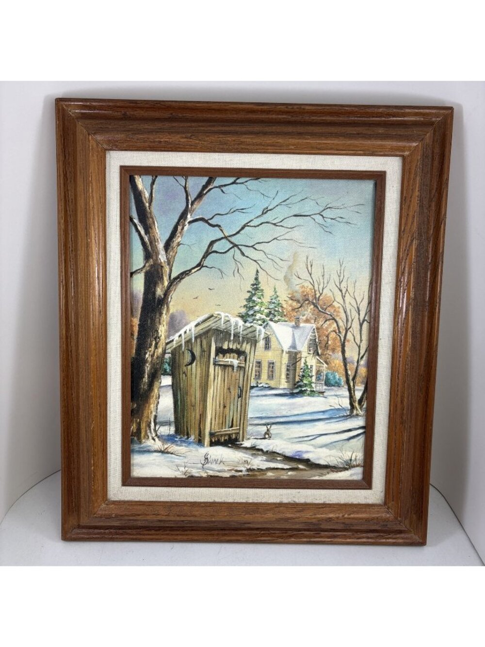Framed Lithograph Painting Rustic Winter Scene Outhouse Farmhouse Cottagecore